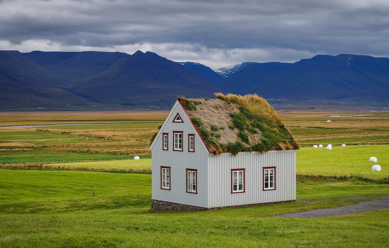 Photo wallpaper landscape, mountains, house, field, meadows