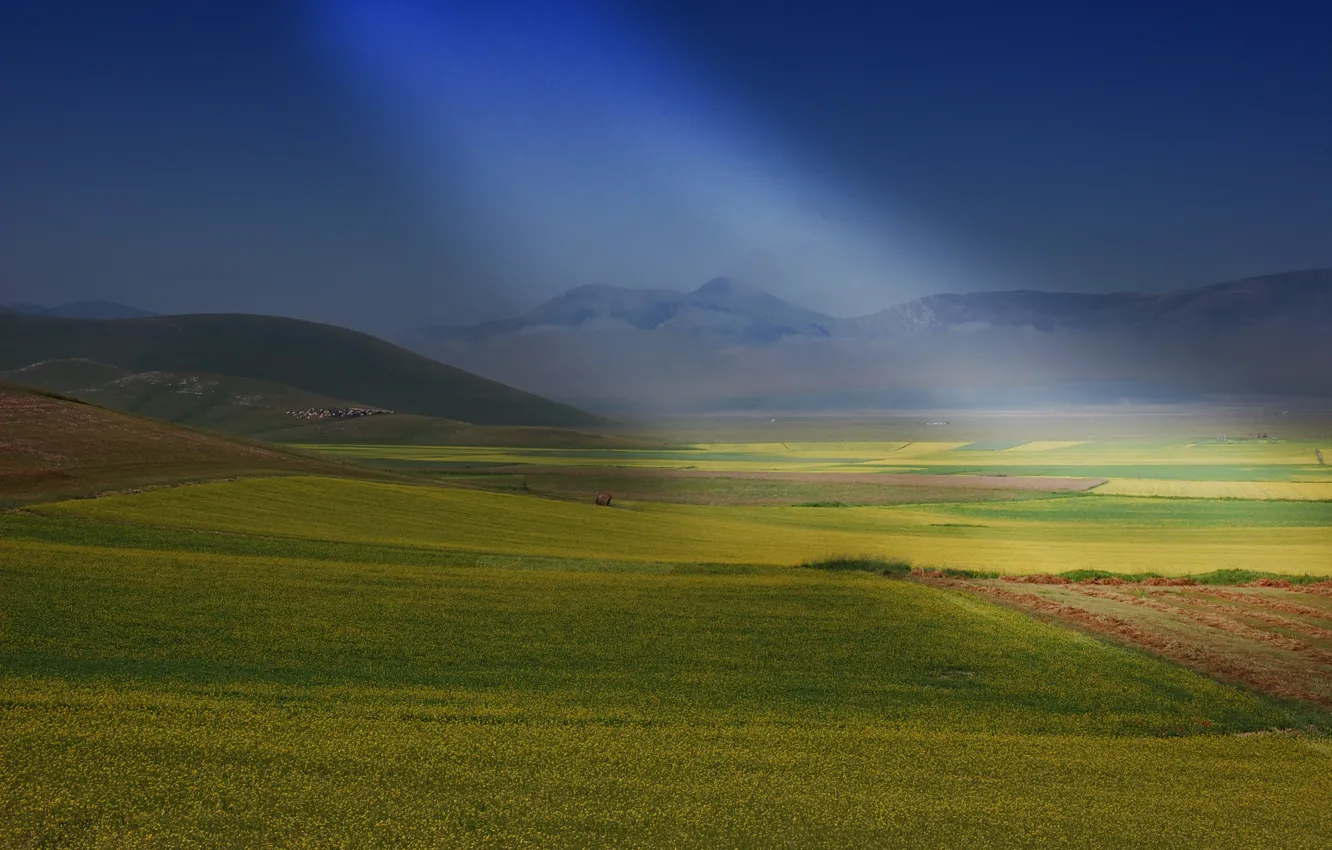 Photo wallpaper field, the sun, mountains, hills, sunshine, field, mountains, farm
