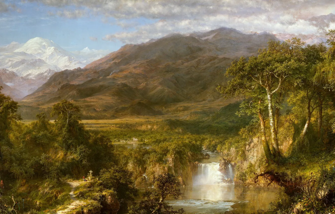 Photo wallpaper landscape, mountains, nature, river, waterfall, picture, Frederic Edwin Church, Heart Of The Andes