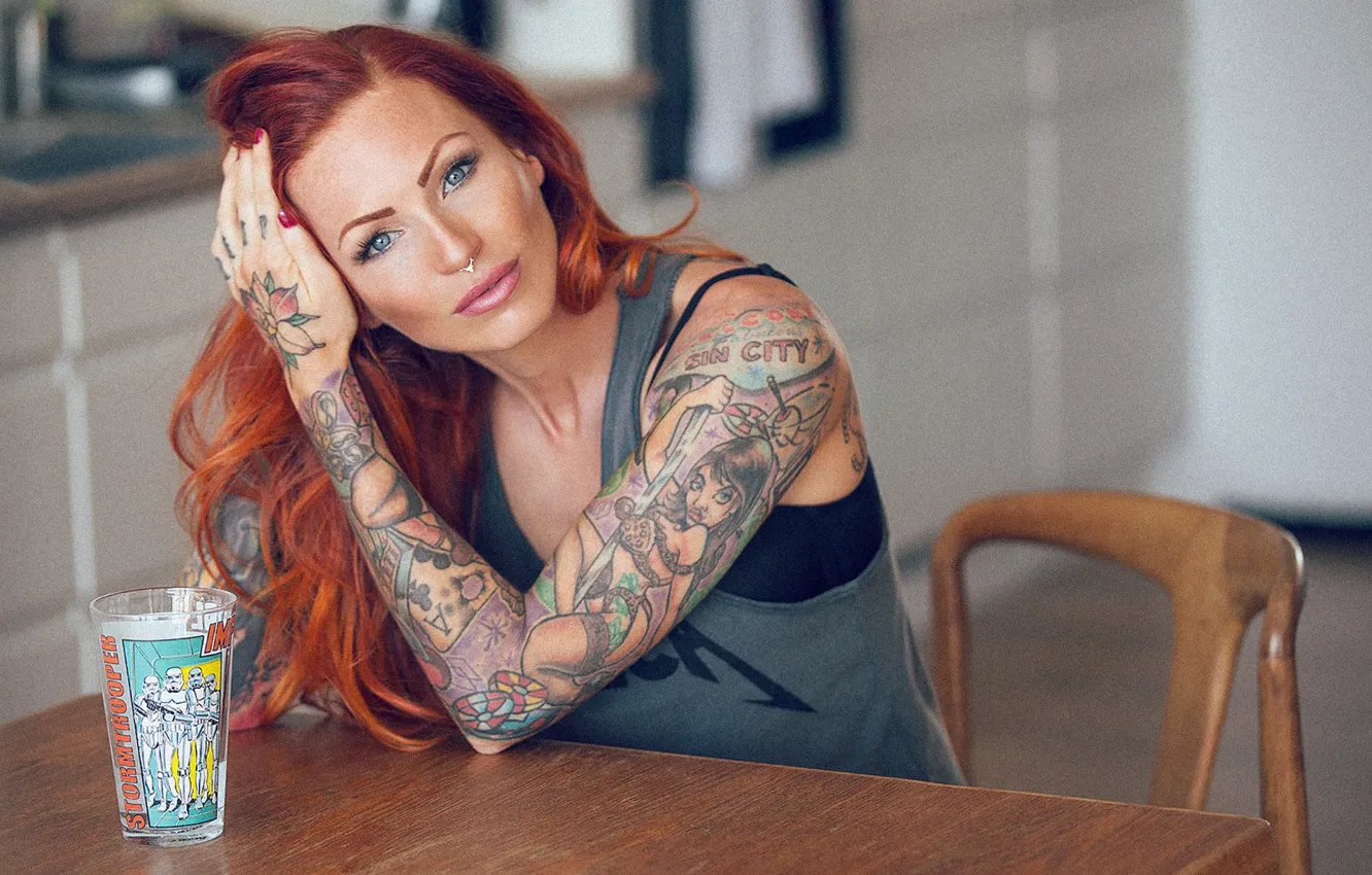 Photo wallpaper look, girl, decoration, red, body, Mike, piercing, tattoo