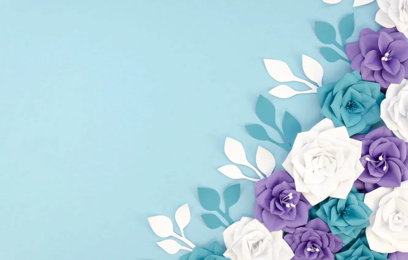 Photo wallpaper flowers, paper, background, blue