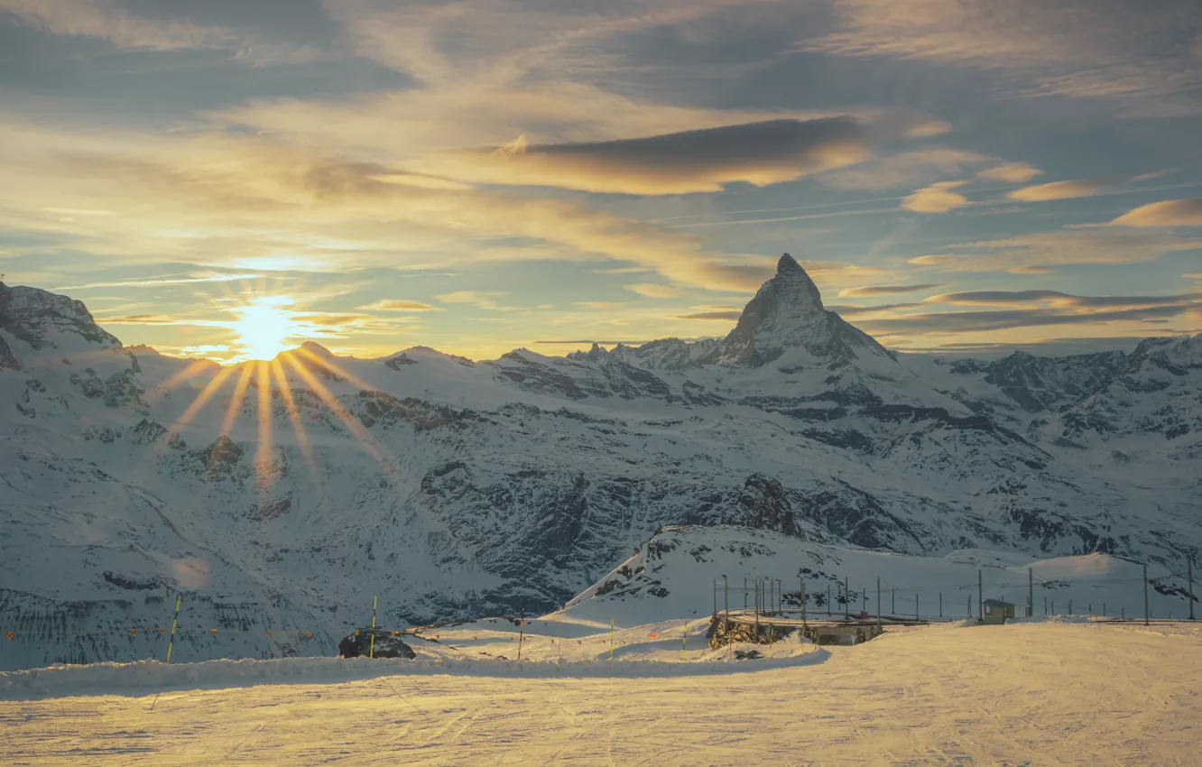 Photo wallpaper winter, the sun, snow, mountains, rocks, slope
