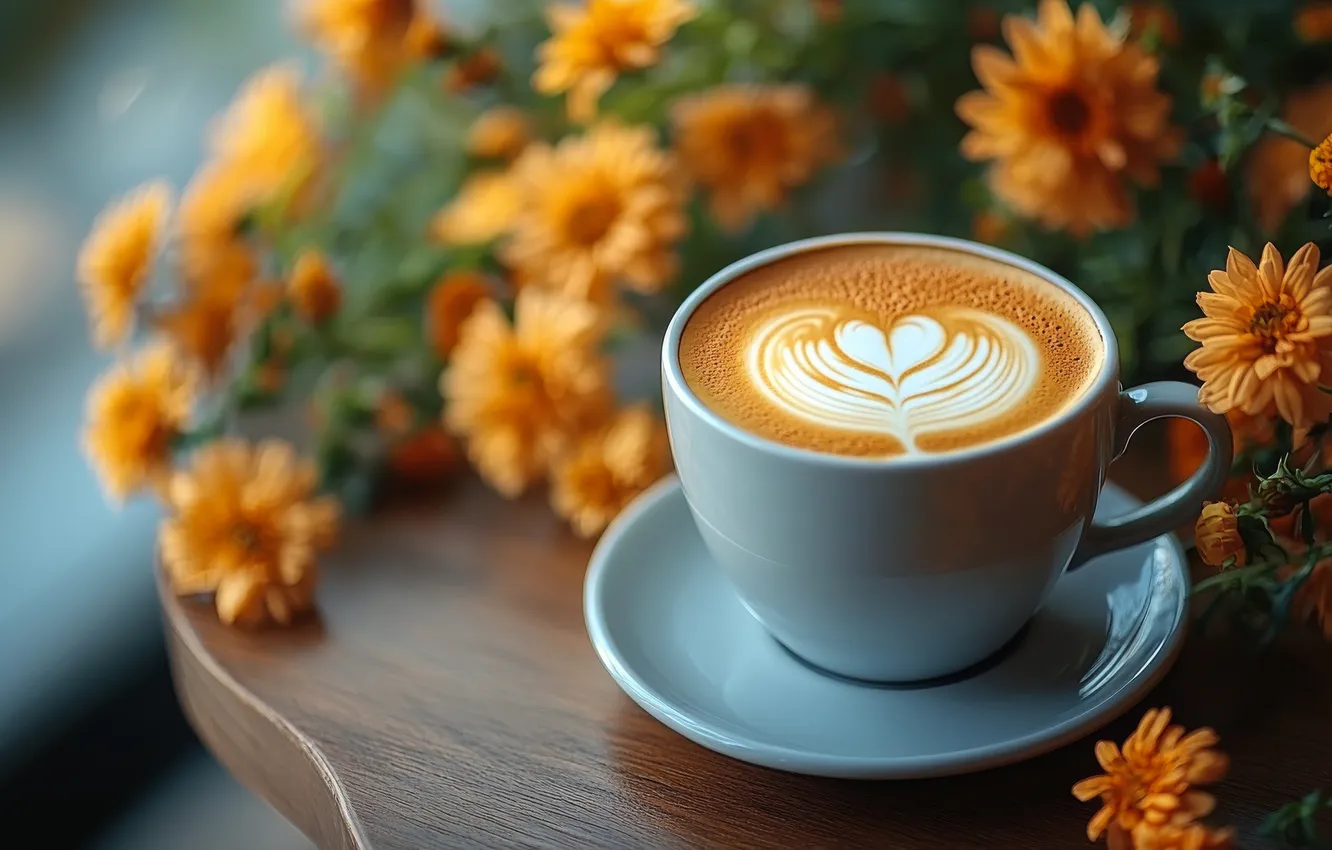 Photo wallpaper flowers, orange, table, pattern, heart, coffee, bouquet, mug