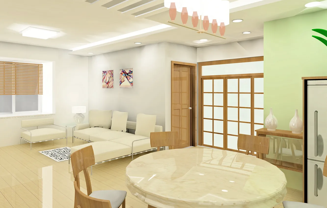 Photo wallpaper white, design, style, table, room, sofa, interior, vase