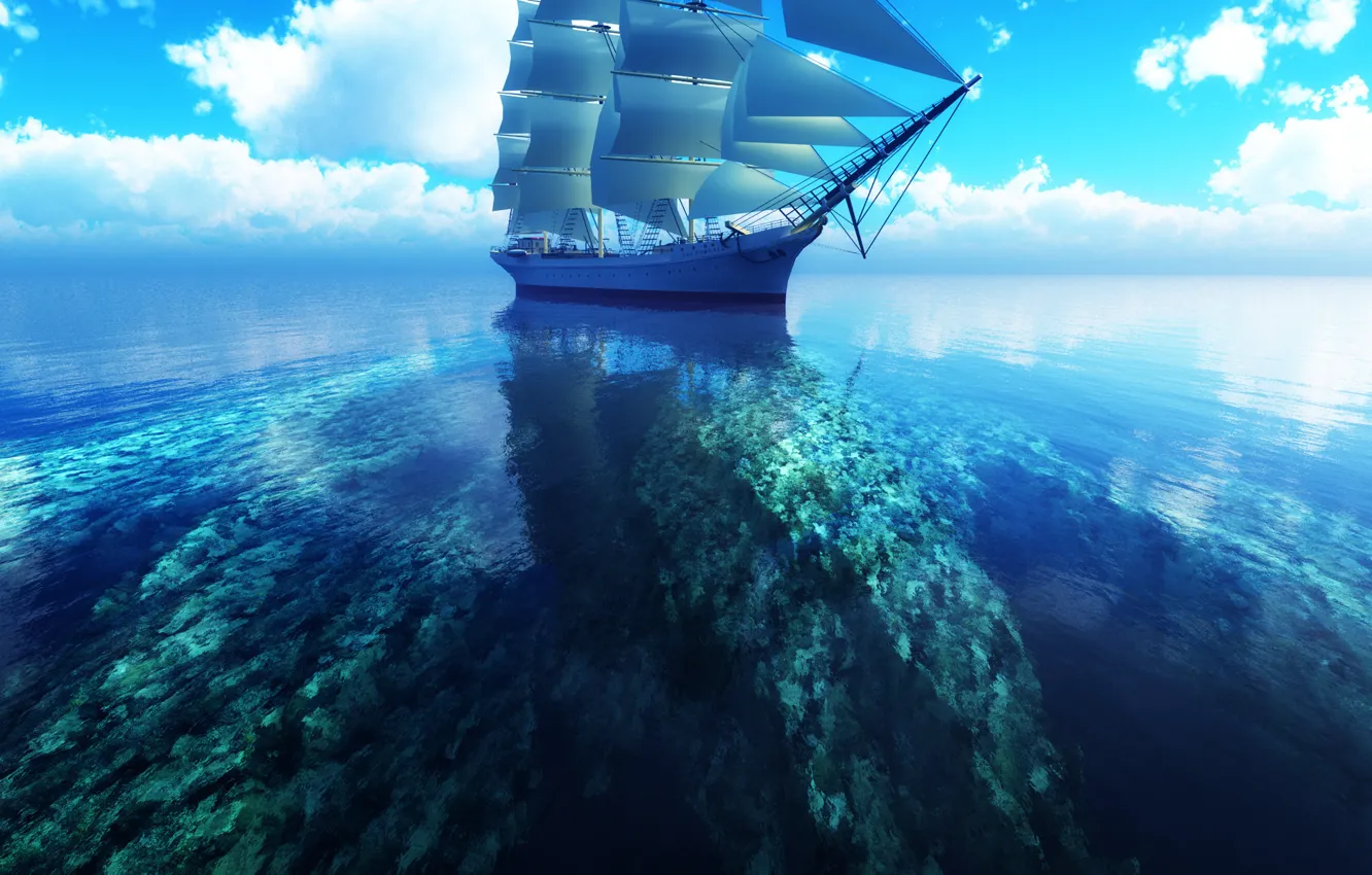 Photo wallpaper reflection, the ocean, ship, sailboat