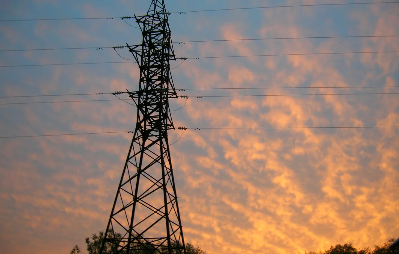 Photo wallpaper the sky, sunset, wire, high-voltage support, power transmission line