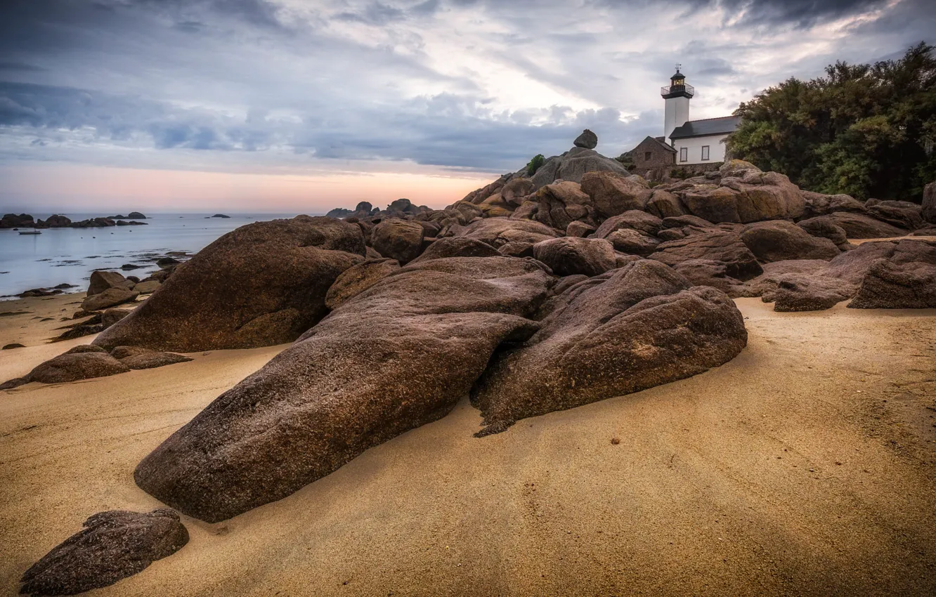 Photo wallpaper sand, sea, clouds, trees, stones, shore, lighthouse, boulders