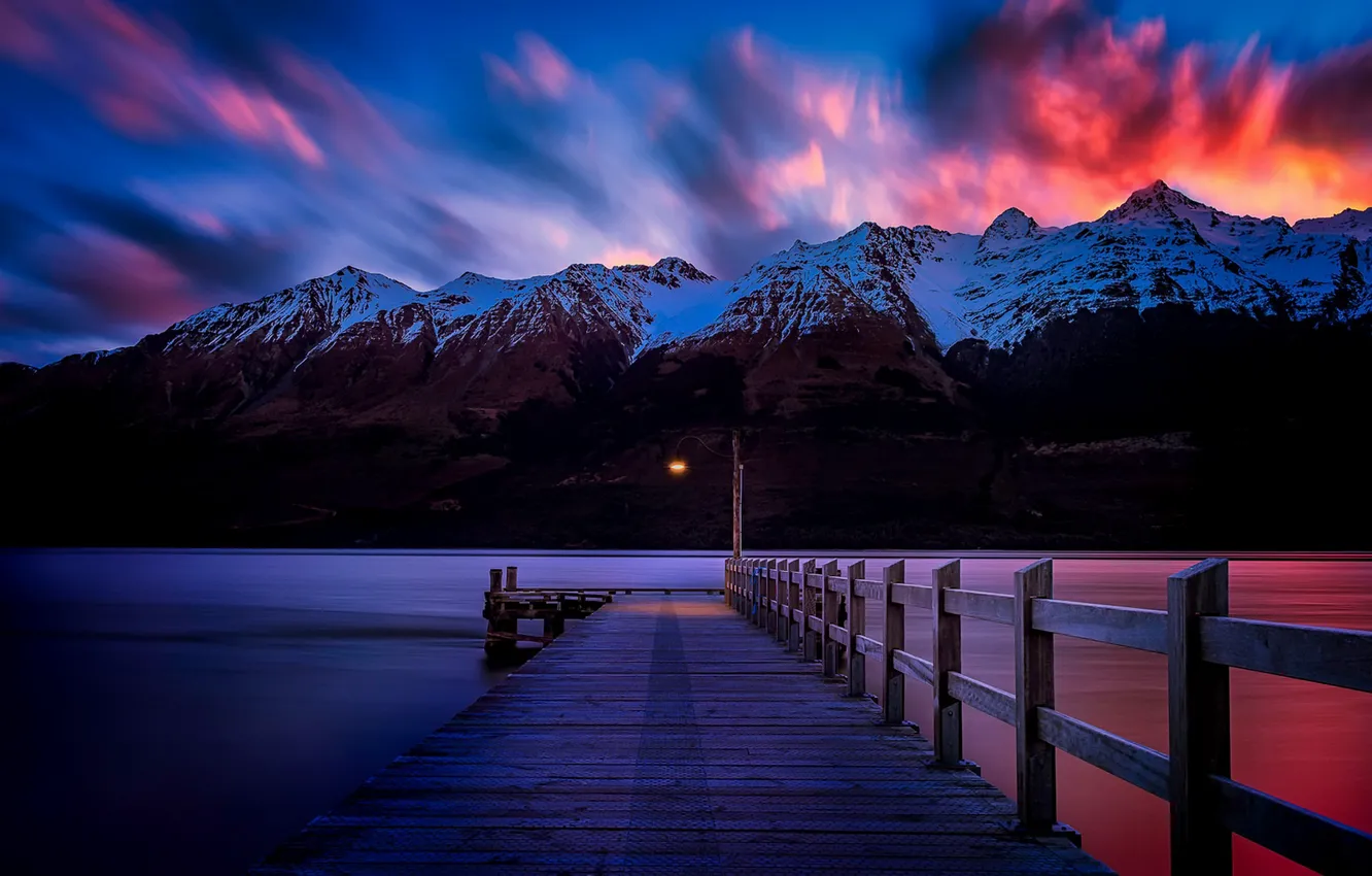 Photo wallpaper mountains, bridge, nature, lake