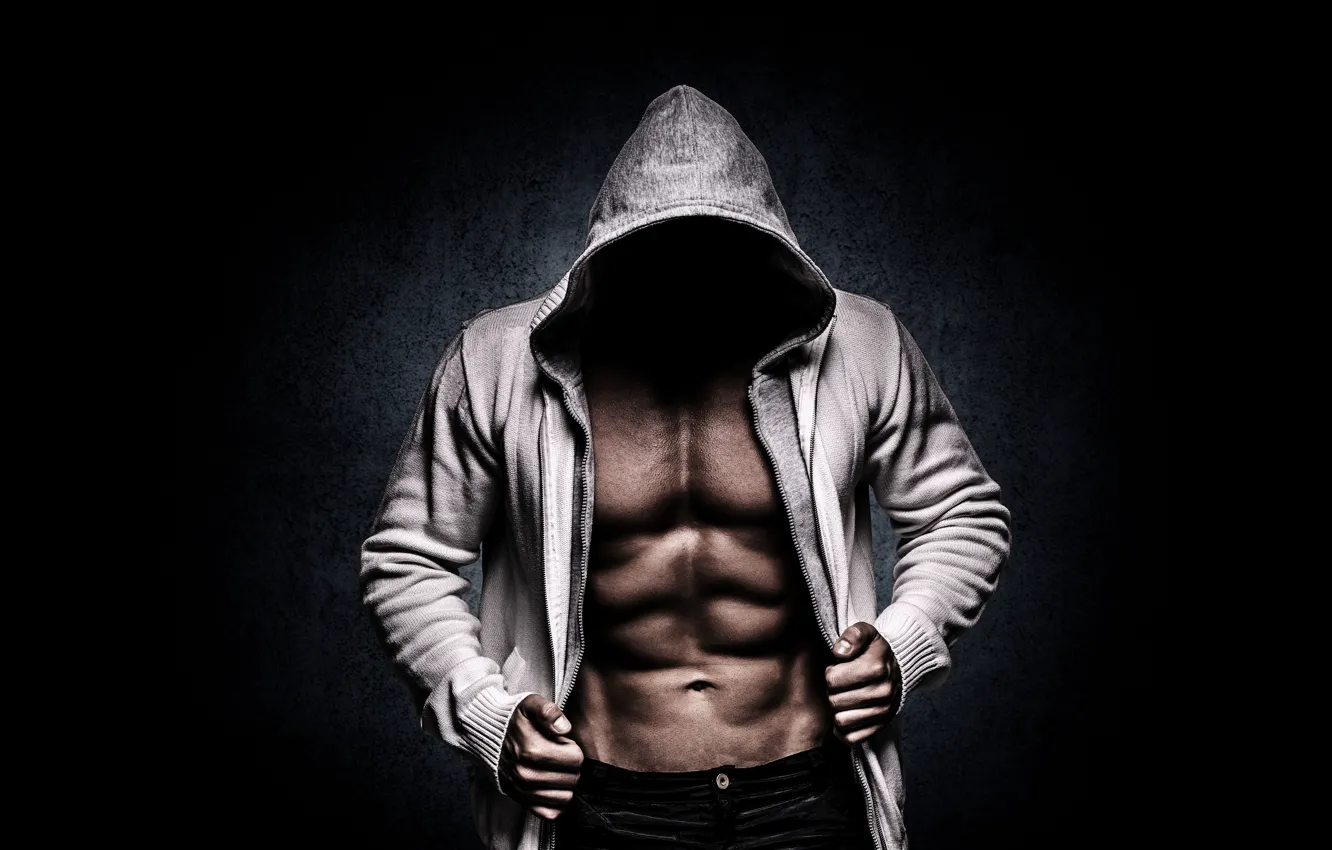 Photo wallpaper pose, figure, hood, muscle, muscle, muscles, press, athlete