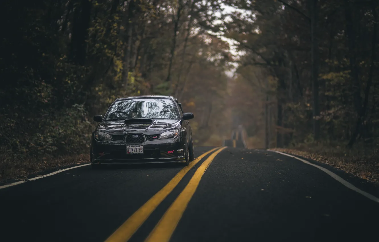 Photo wallpaper road, autumn, forest, leaves, trees, foliage, lights, Subaru