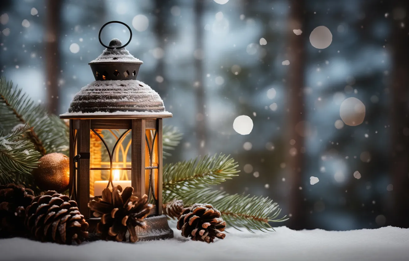 Photo wallpaper winter, snow, night, new year, Christmas, lights, Christmas, night