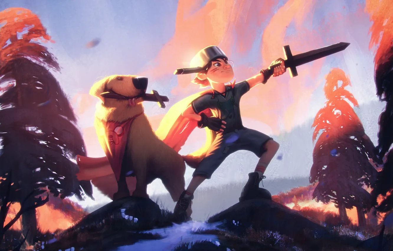Photo wallpaper forest, dog, sword, boy, art, pan, adventure, dog
