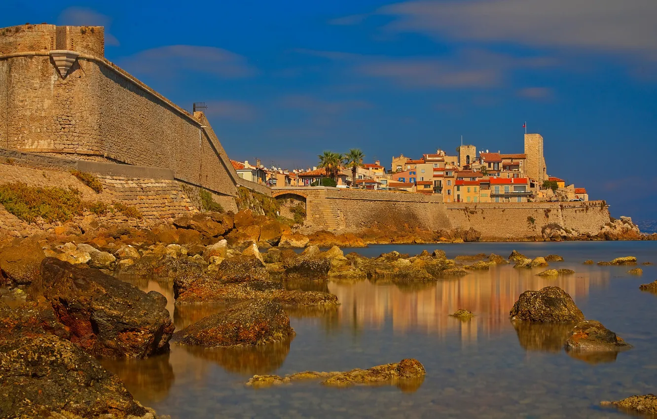 Photo wallpaper sea, wall, France, tower, home, Provence, Antibes