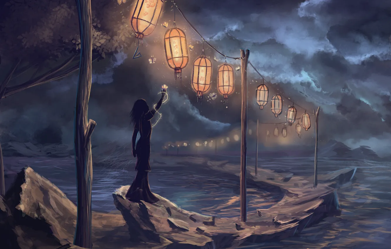 Photo wallpaper girl, night, rain, art, lights