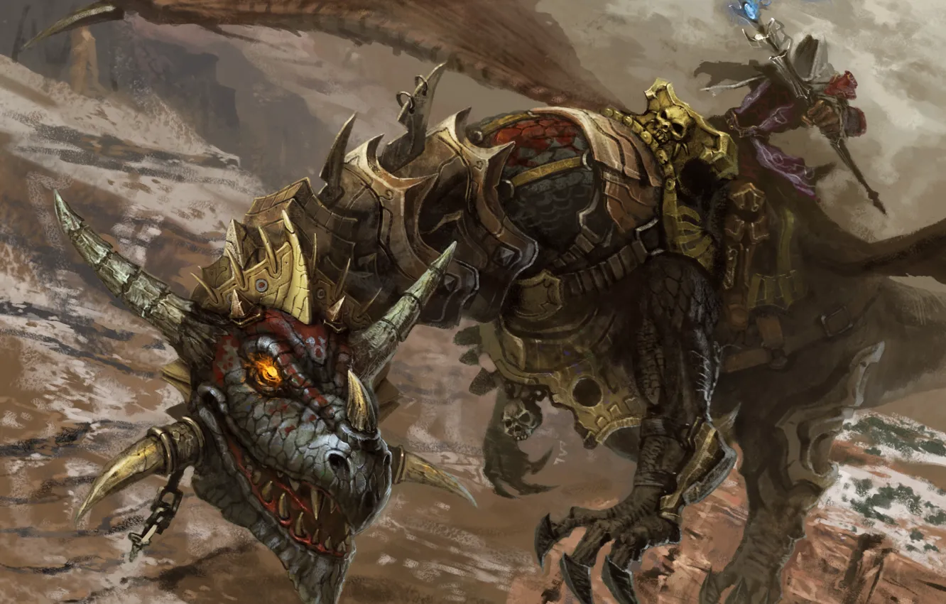 Photo wallpaper dragon, monster, art, rider, staff