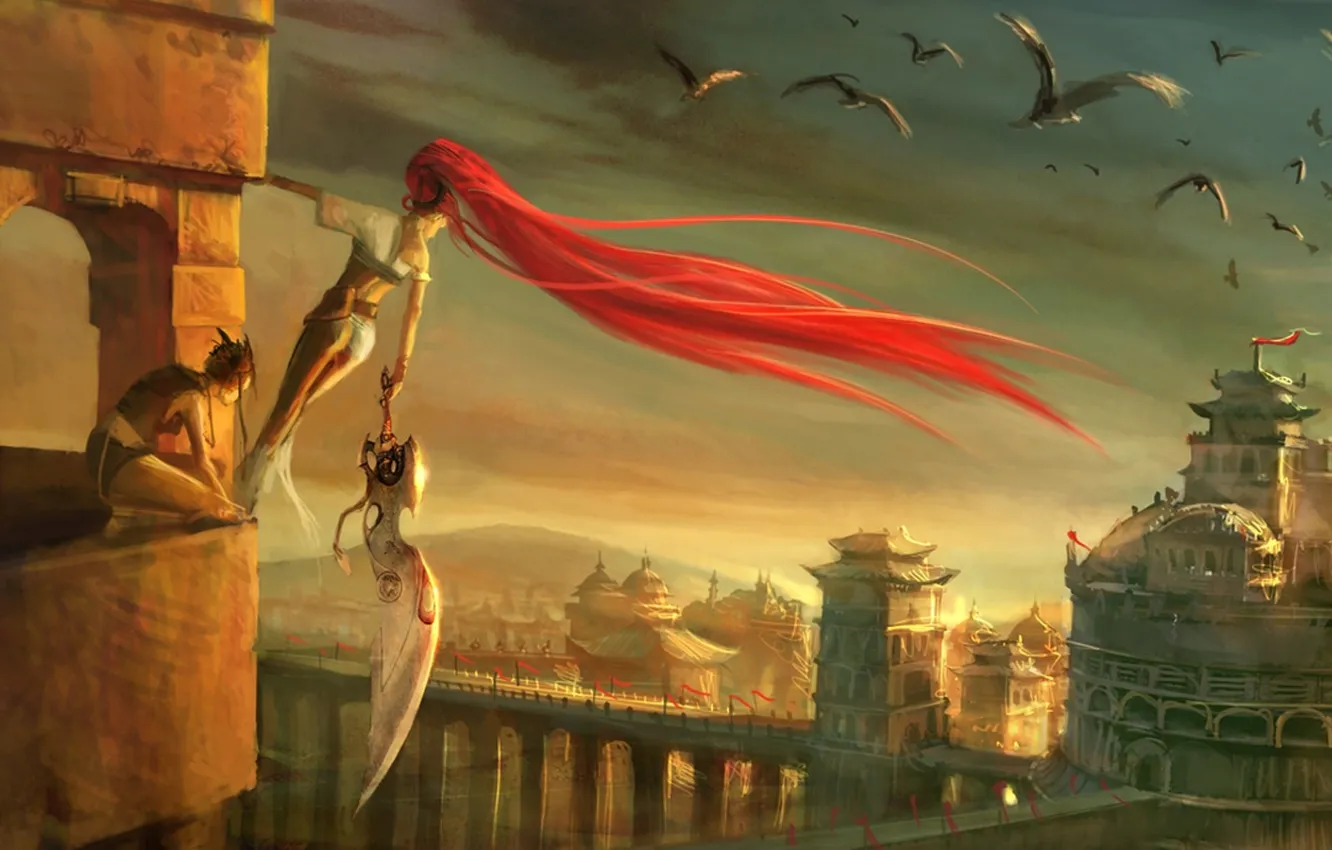 Photo wallpaper girl, birds, the city, height, sword, Heavenly Sword, art, red