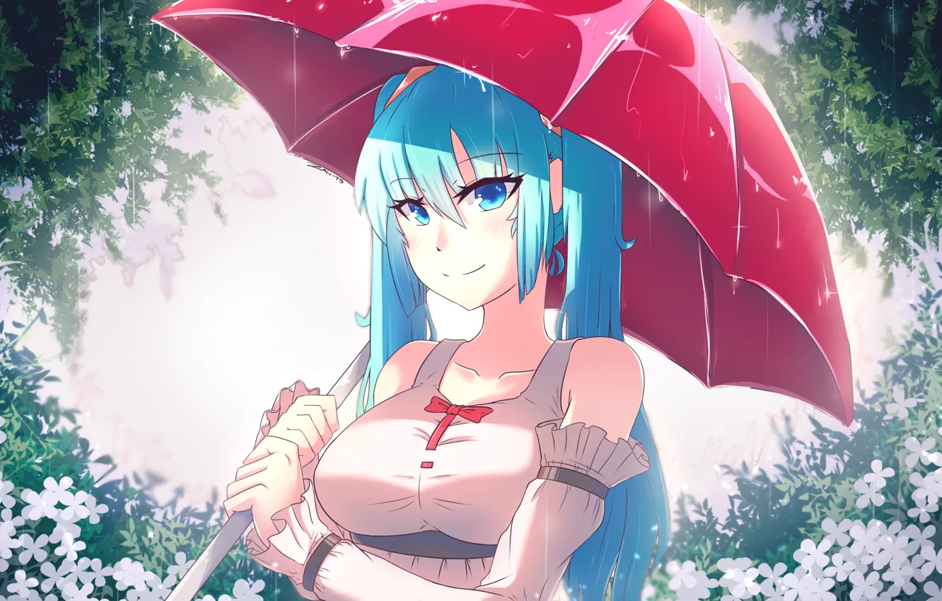 Photo wallpaper girl, smile, rain, umbrella, anime, art, vocaloid, hatsune miku