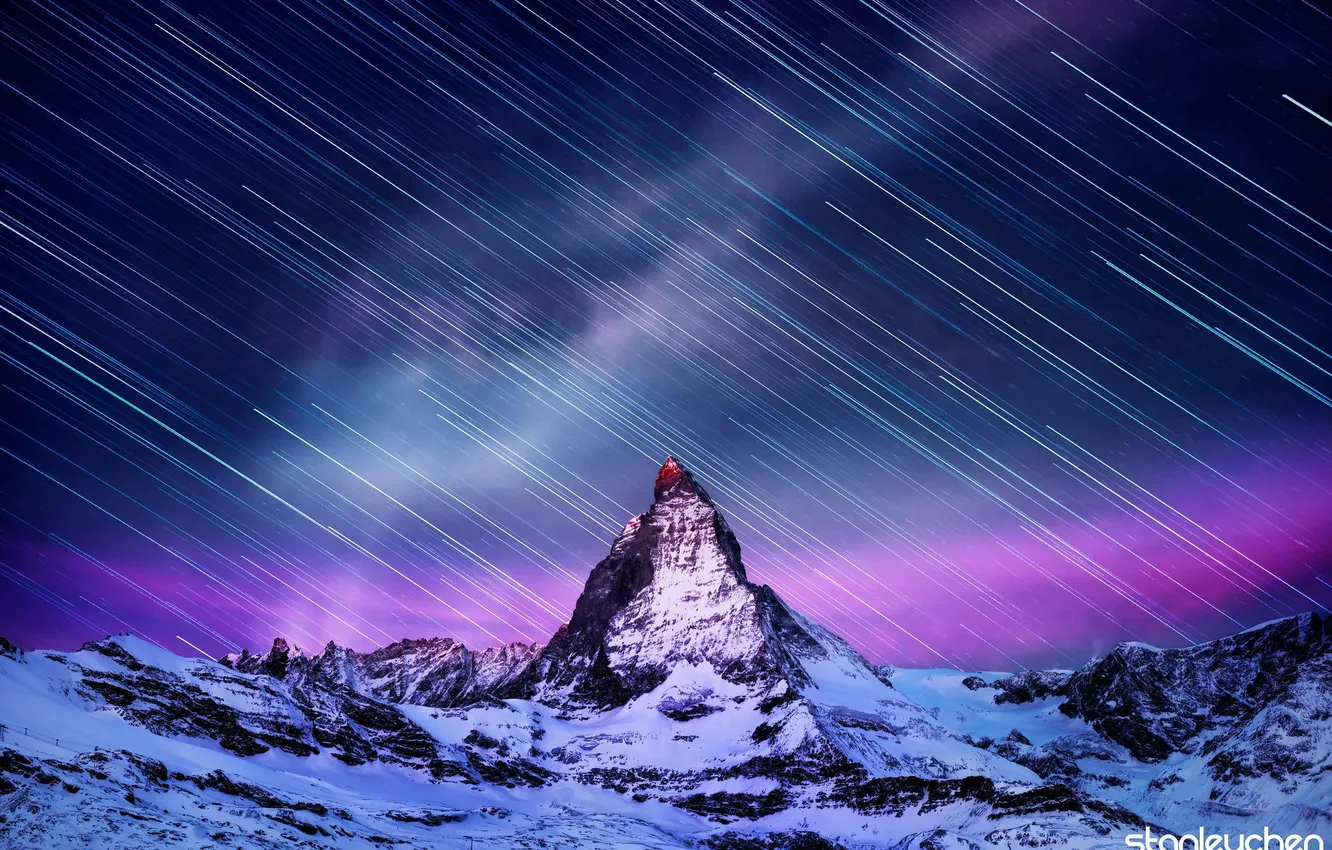 Photo wallpaper stars, snow, night, mountain, excerpt