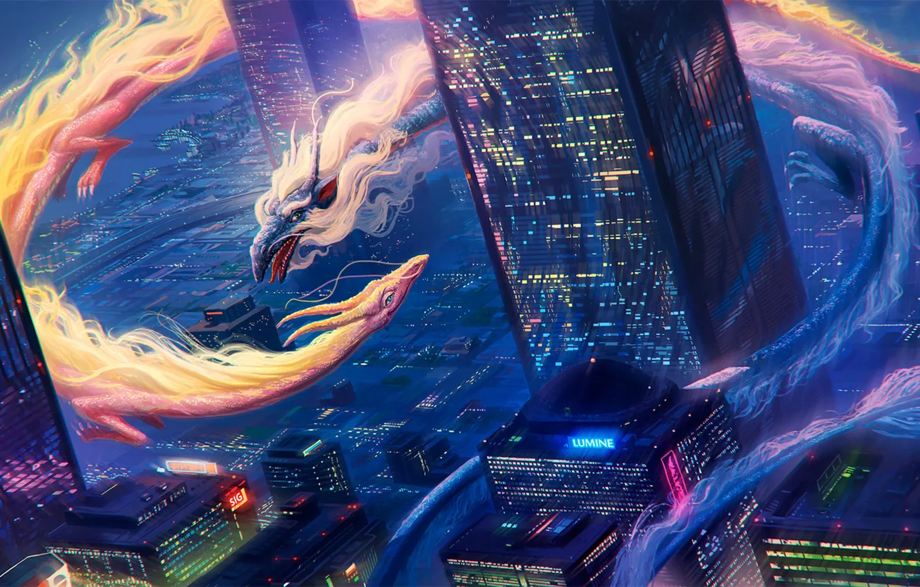 Photo wallpaper night, the city, fiction, dragon, home, skyscrapers, art