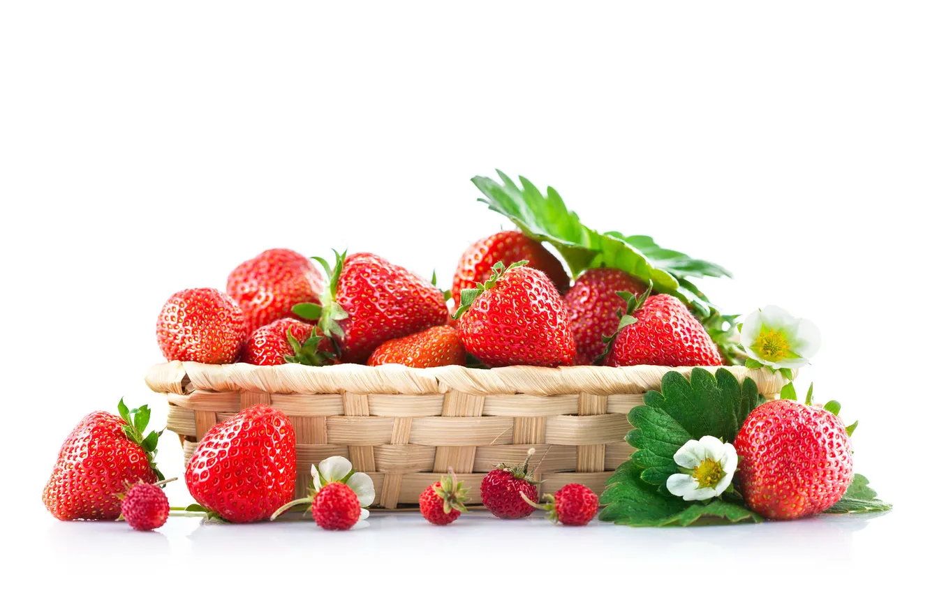 Photo wallpaper flowers, berries, basket, foliage, strawberries, strawberry