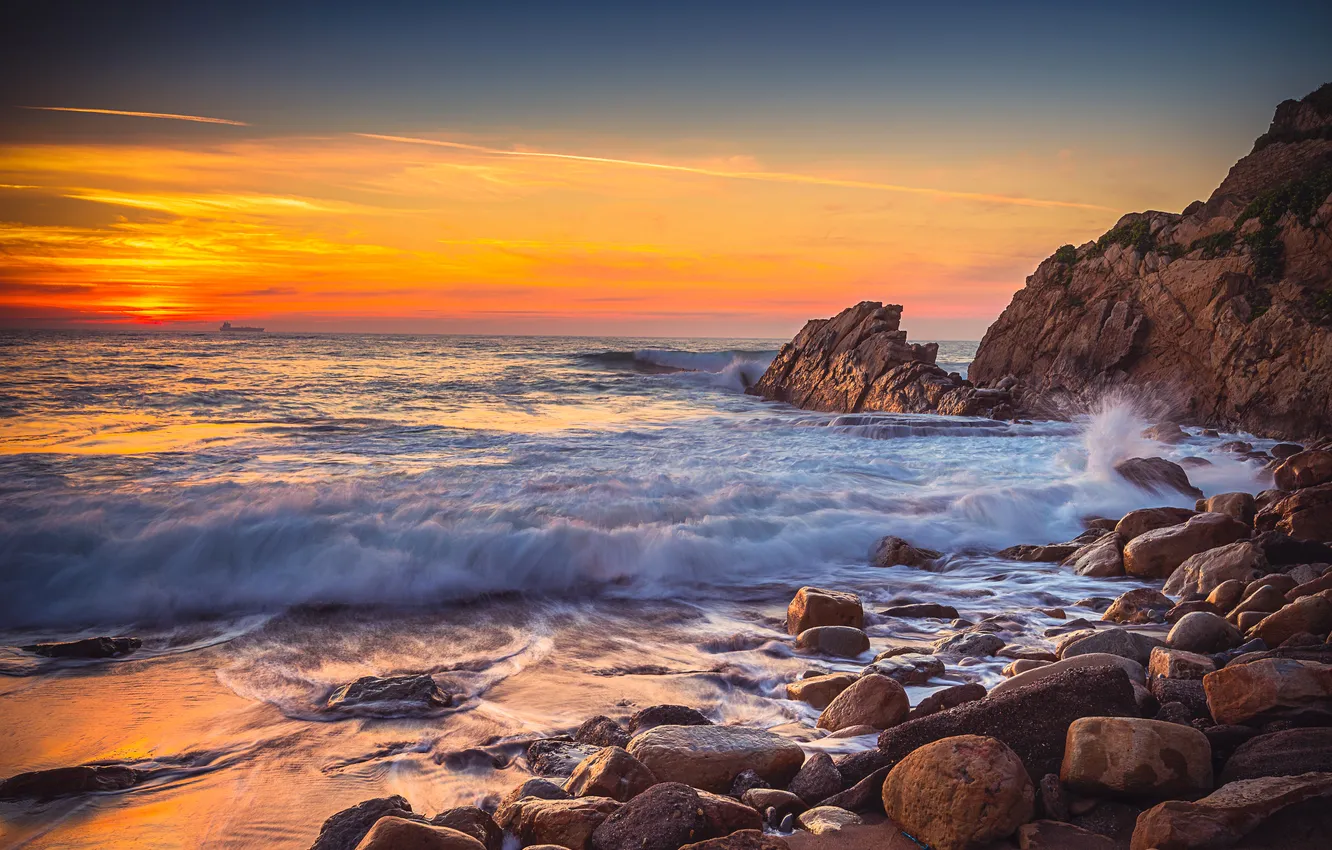 Photo wallpaper sea, the sky, sunset, stones, rocks, coast, ship, horizon