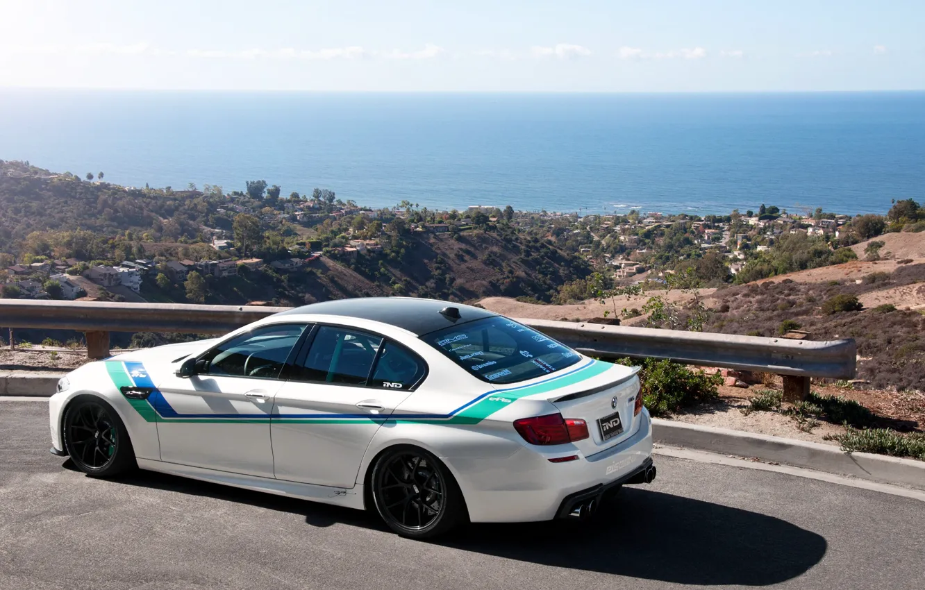 Photo wallpaper road, sea, white, bmw, BMW, valley, white, rear view