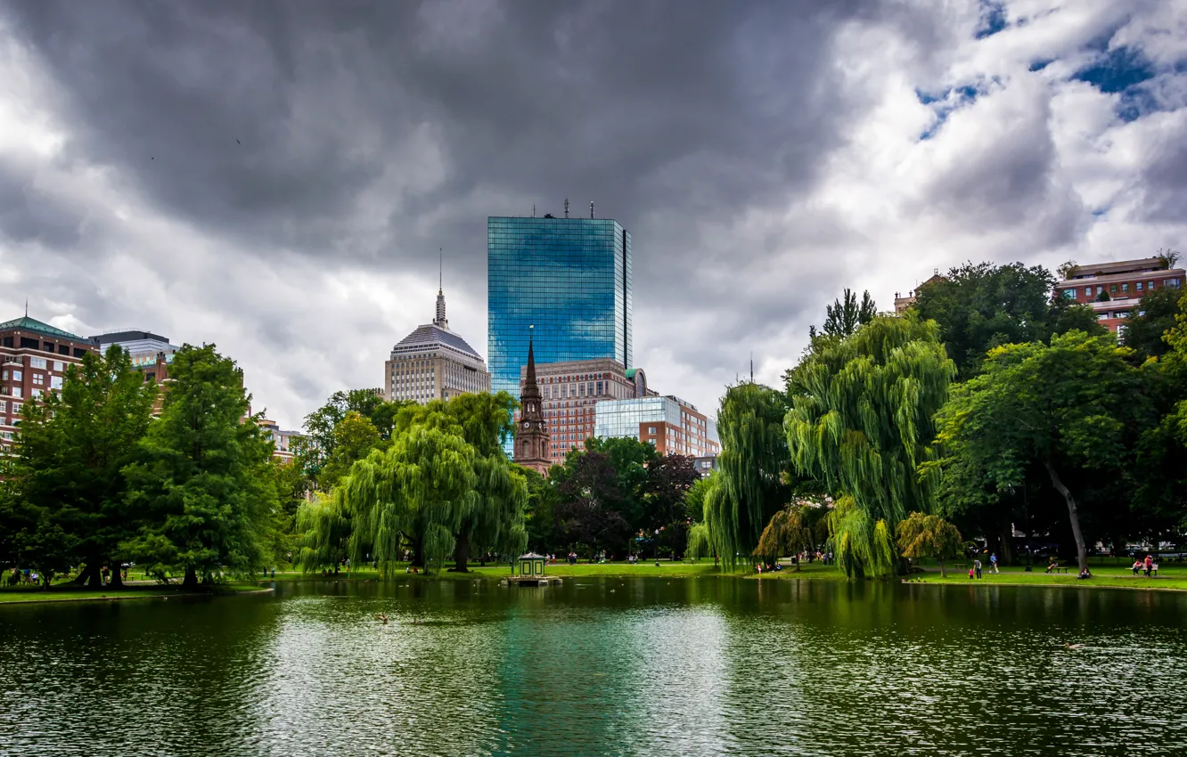 Photo wallpaper the sky, clouds, trees, pond, Park, home, USA, Boston