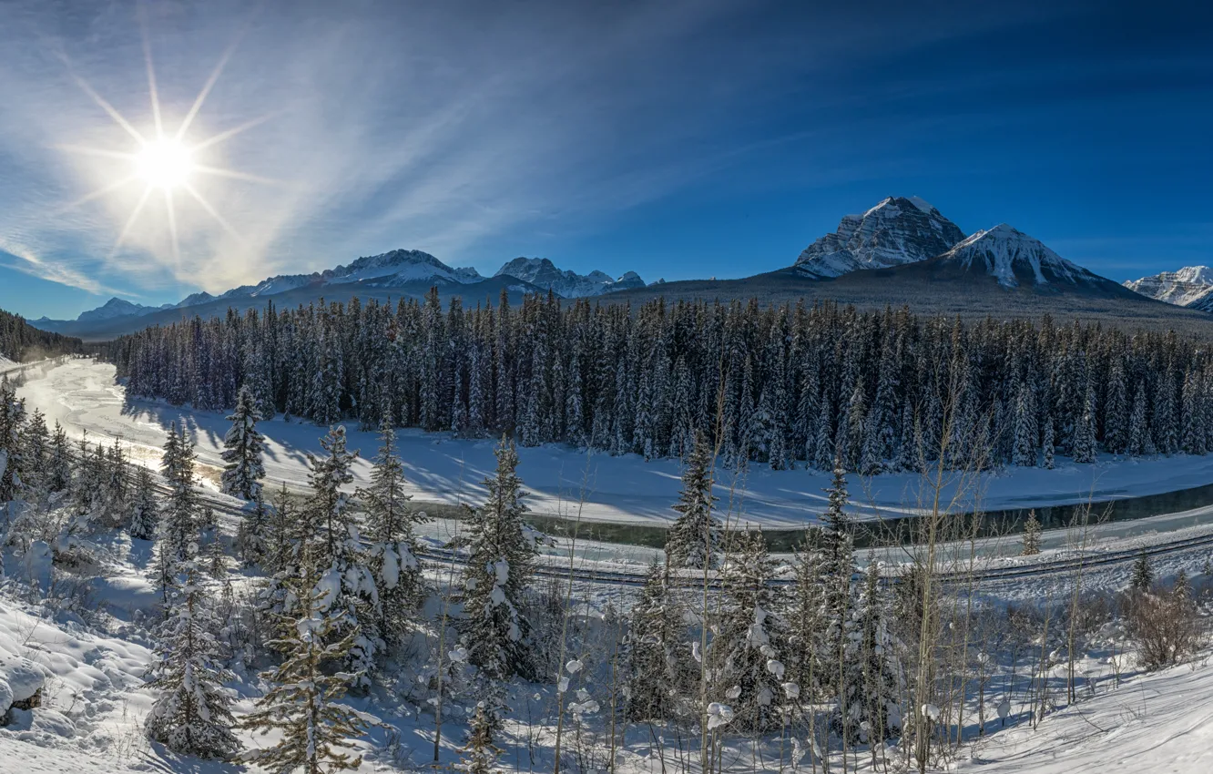 Photo wallpaper winter, forest, mountains, river, valley, Canada, panorama, Albert