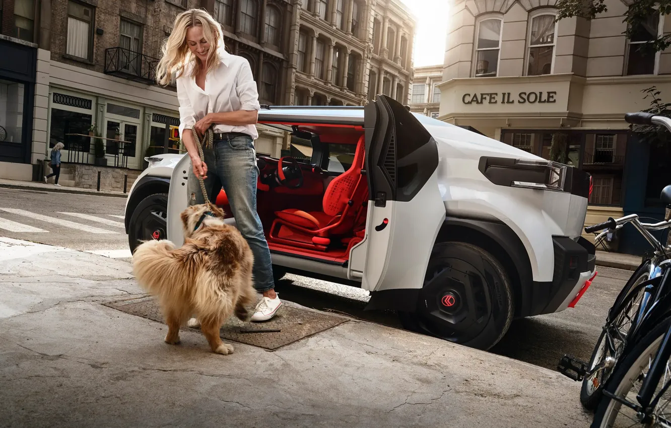 Photo wallpaper Concept, Home, Girl, Dog, The city, Citroen, Citroen, Conceptual multi-activity family vehicle
