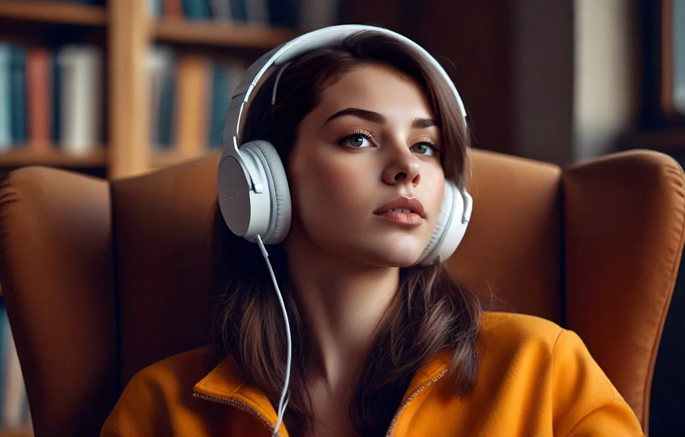 Photo wallpaper girl, music, headphones, AI art