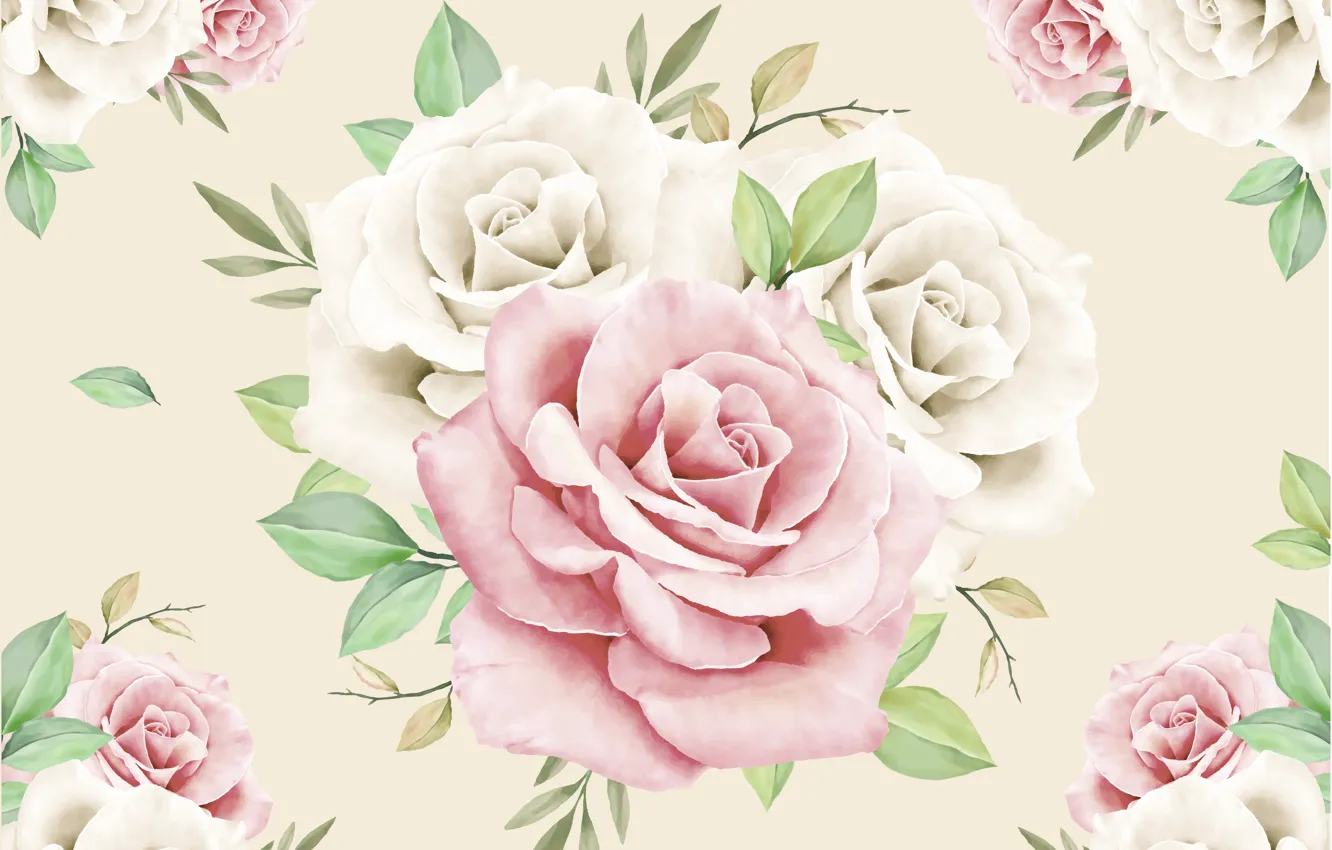 Photo wallpaper design, background, roses, pink, white