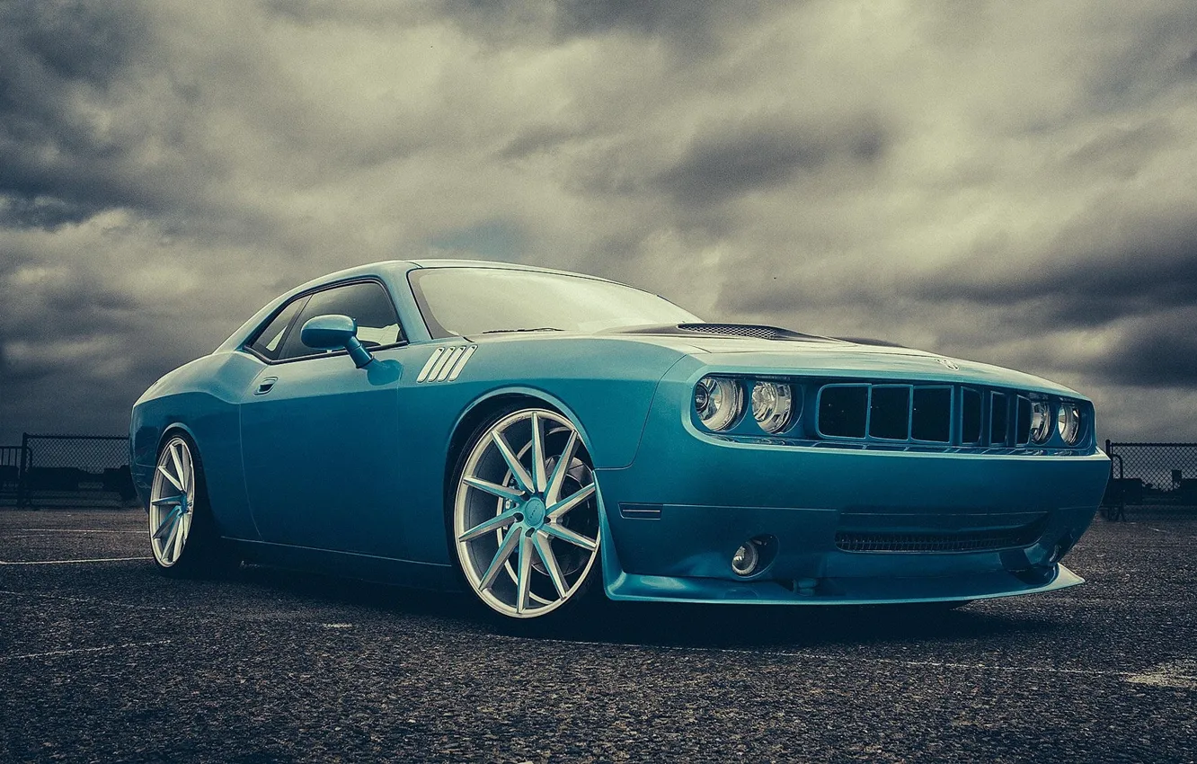 Photo wallpaper blue, Dodge, Challenger, muscle car, Dodge, blue, muscle car, front