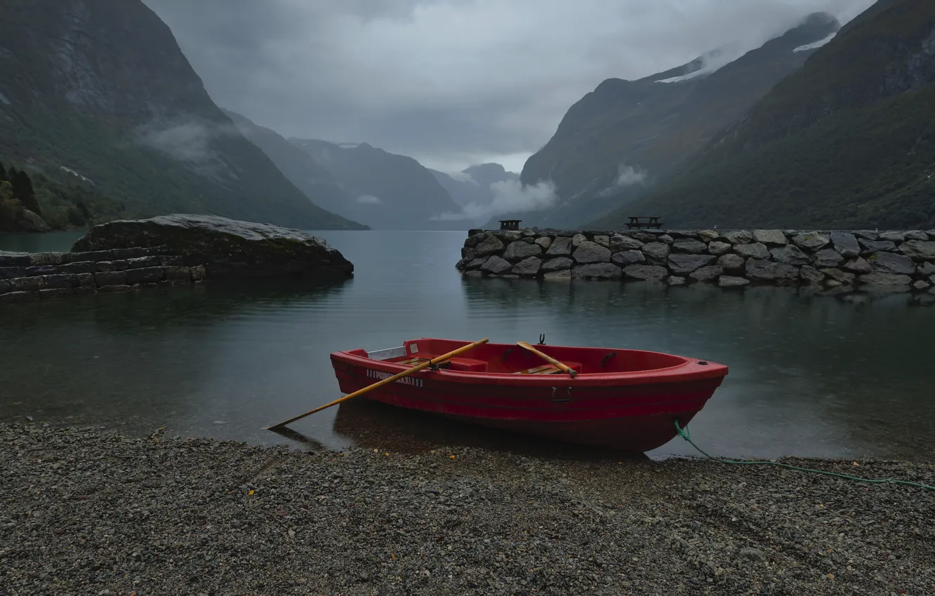 Photo wallpaper landscape, mountains, nature, fog, lake, shore, boat, morning