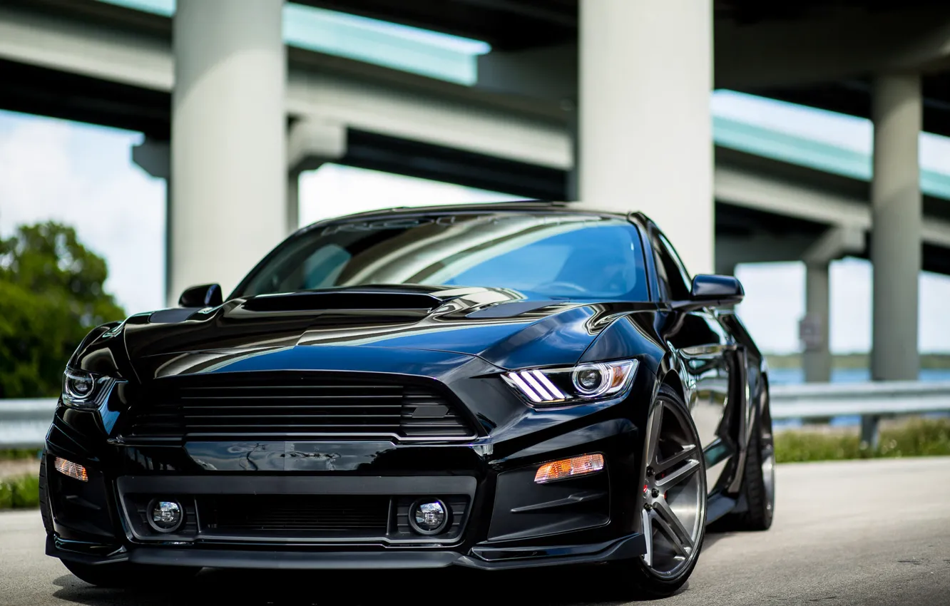 Photo wallpaper Mustang, Ford, Black, 5.0, Vossen