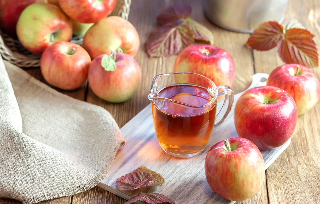 Photo wallpaper red, table, tea, apples, Board, the tea party, mug, Cup