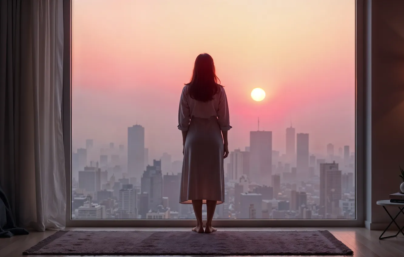Photo wallpaper glass, girl, the city, room, dawn, height, skyscrapers, morning