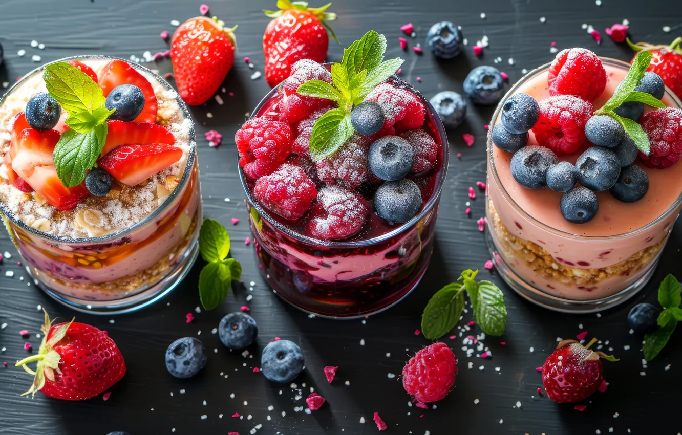 Photo wallpaper different, AI art, dessert, smoothies, blueberries, cereal, berries, raspberry