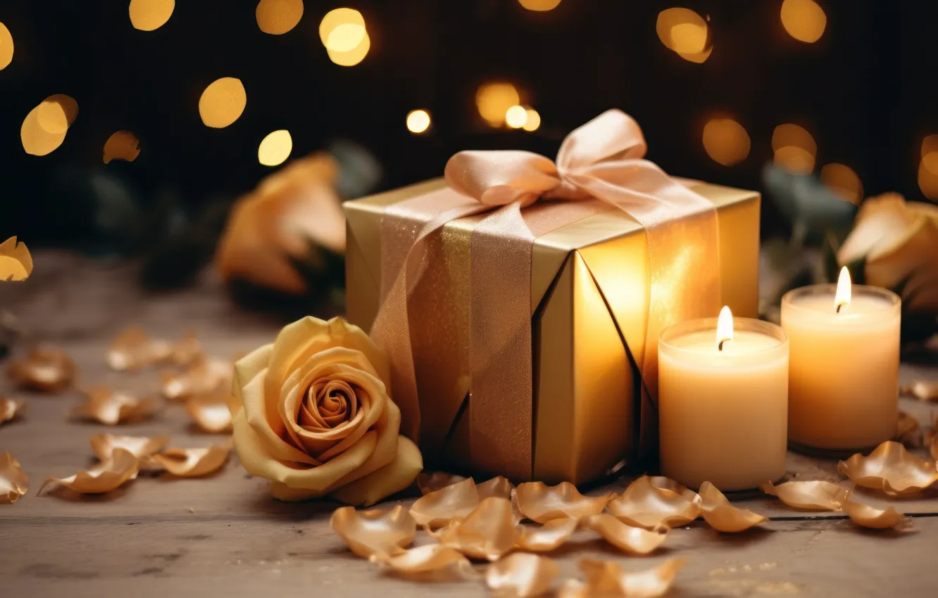 Photo wallpaper flowers, birthday, holiday, gift, roses, bouquet, candles, bow