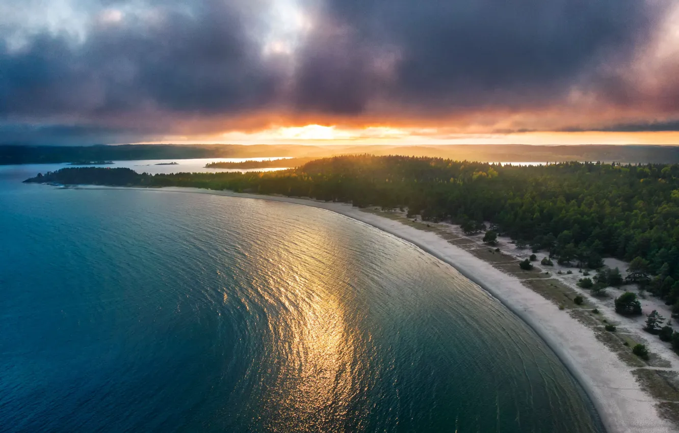 Photo wallpaper forest, beach, sunset, lake, Russia, Lake Ladoga, Karelia, Yuri Stolypin