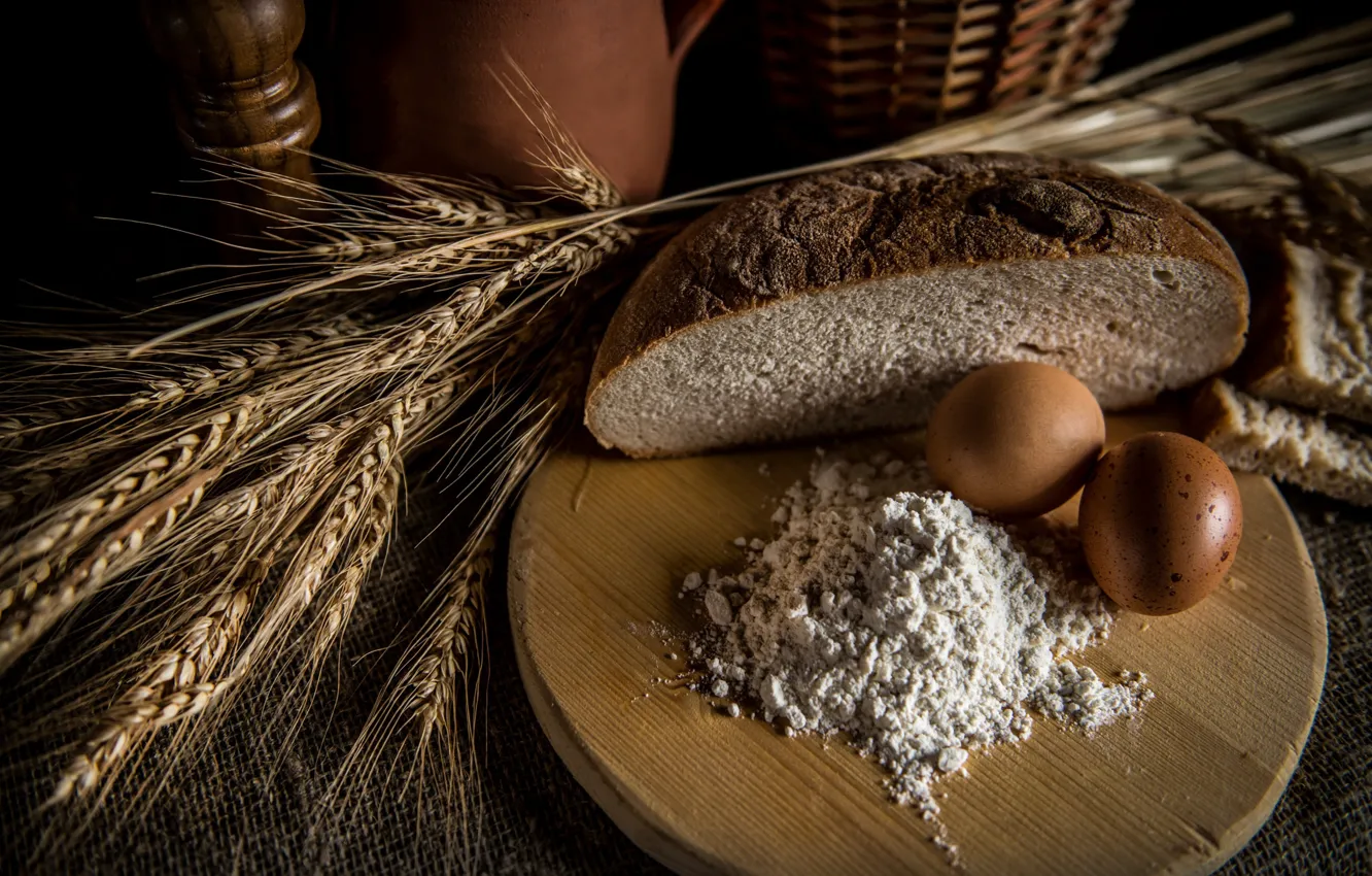 Photo wallpaper eggs, spikelets, bread, flour