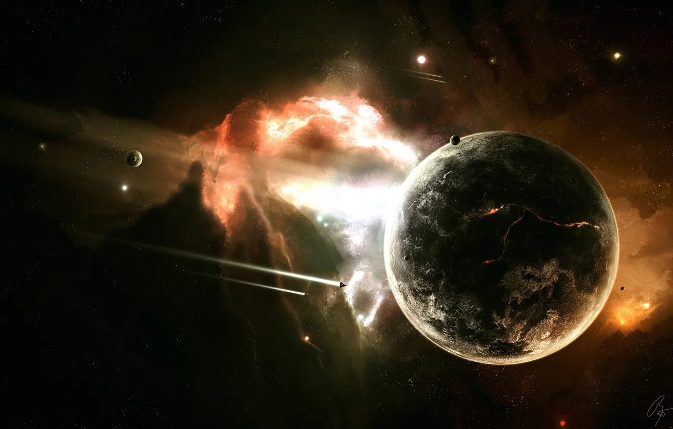 Photo wallpaper space, the explosion, planet, missiles, the rift