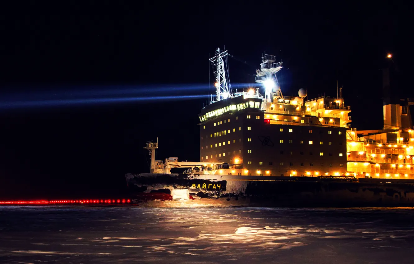 Photo wallpaper The ocean, Sea, Night, Ice, Icebreaker, The ship, Russia, Spotlight