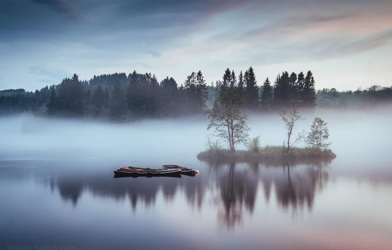 Photo wallpaper forest, nature, lake, boat, haze