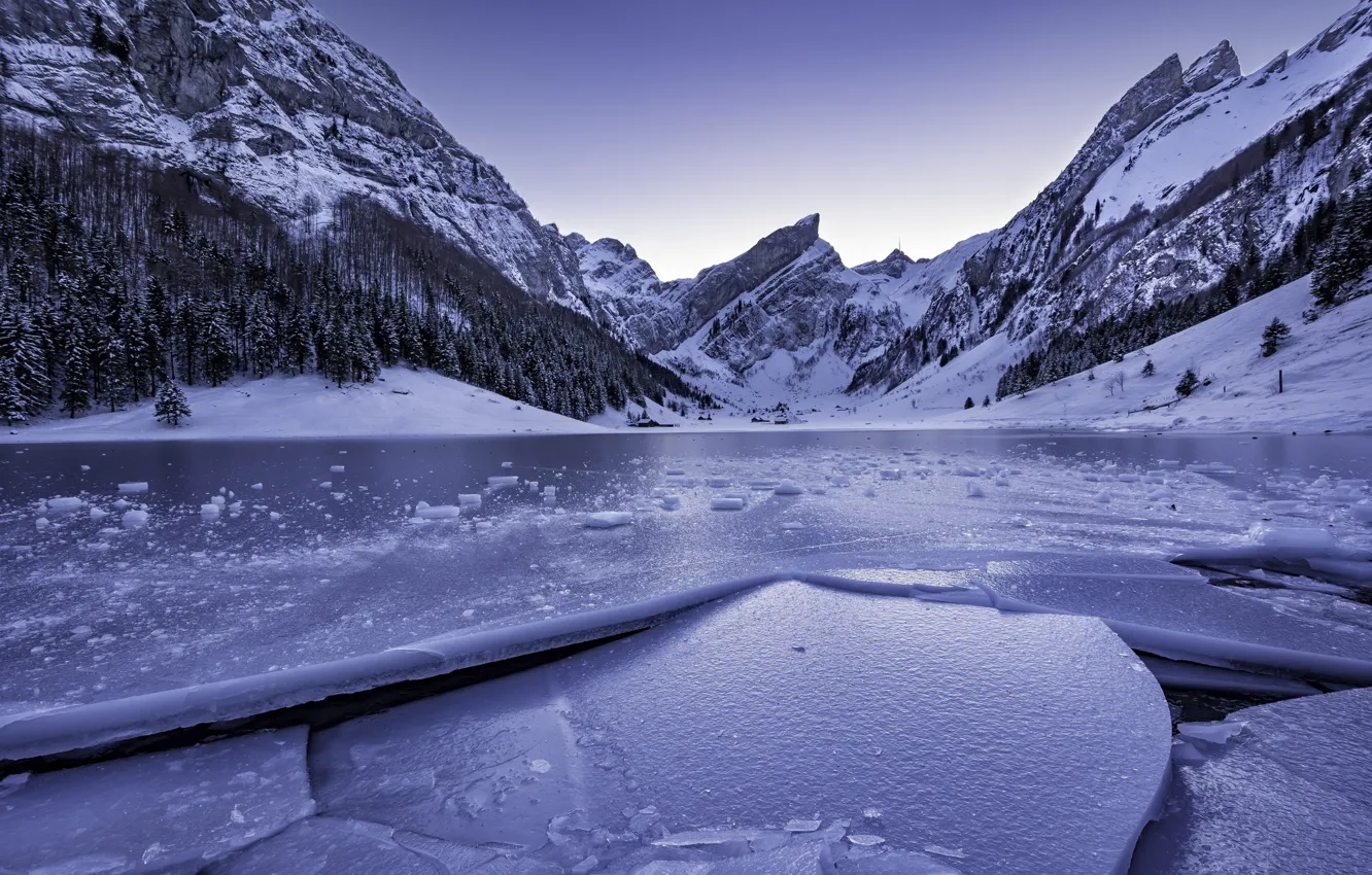 Photo wallpaper winter, mountains, lake, ice