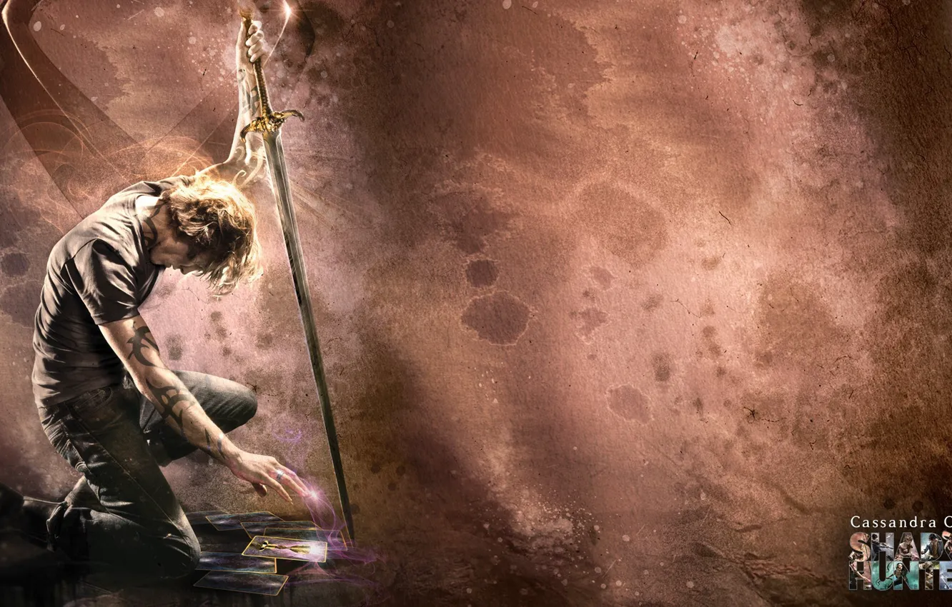 Photo wallpaper sword, Supernatural, man, ken, tatoo, blade, book, hunter