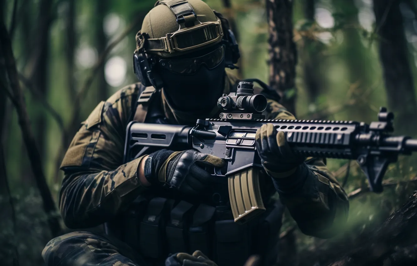 Photo wallpaper soldiers, machine, helmet, digital art, AI art, The Art of Artificial Intelligence, neural network