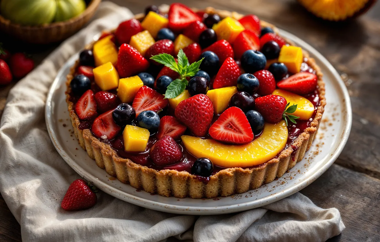 Photo wallpaper berries, cake, fruit, cake, fruits, dessert, berries