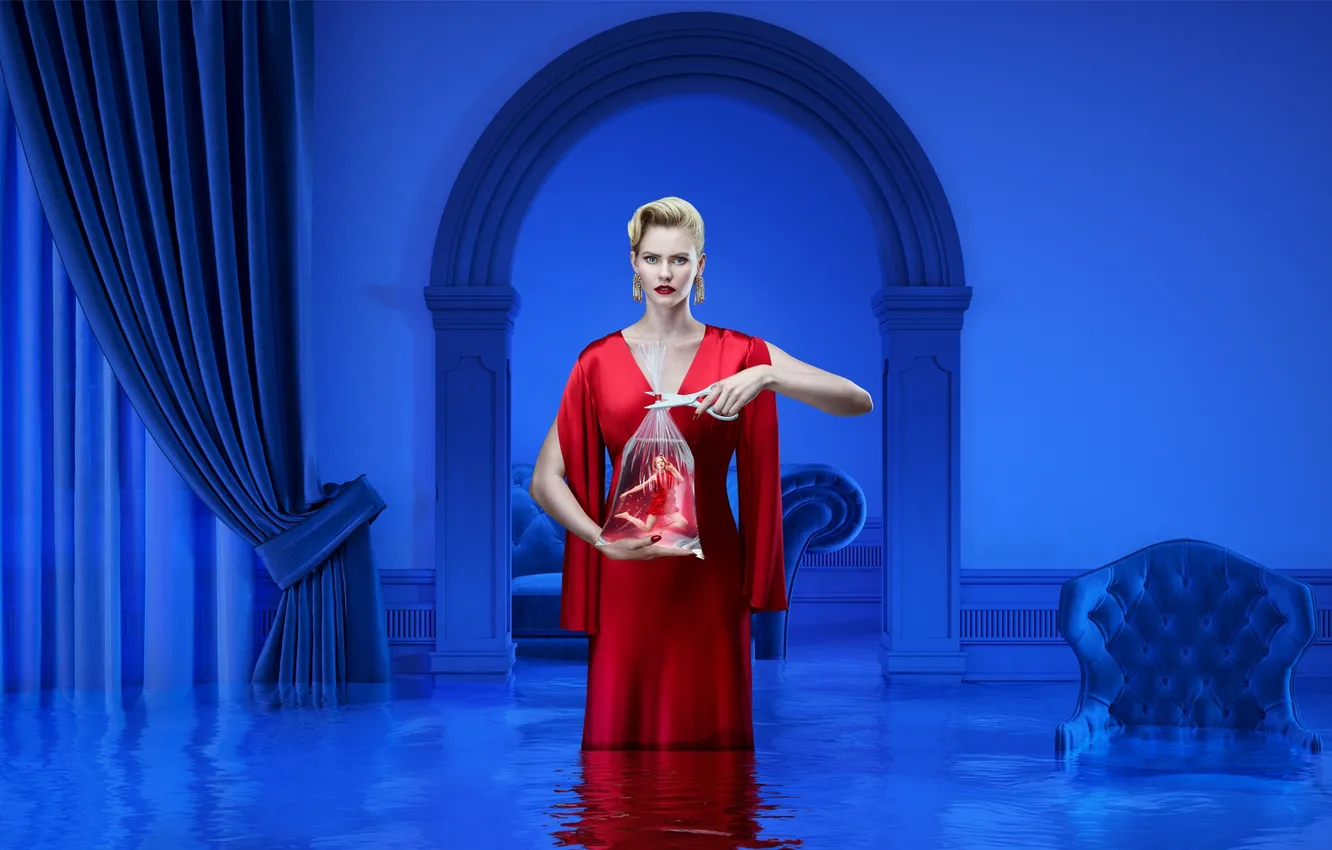 Photo wallpaper water, blue, earrings, package, scissors, illusion, the girl in the red dress
