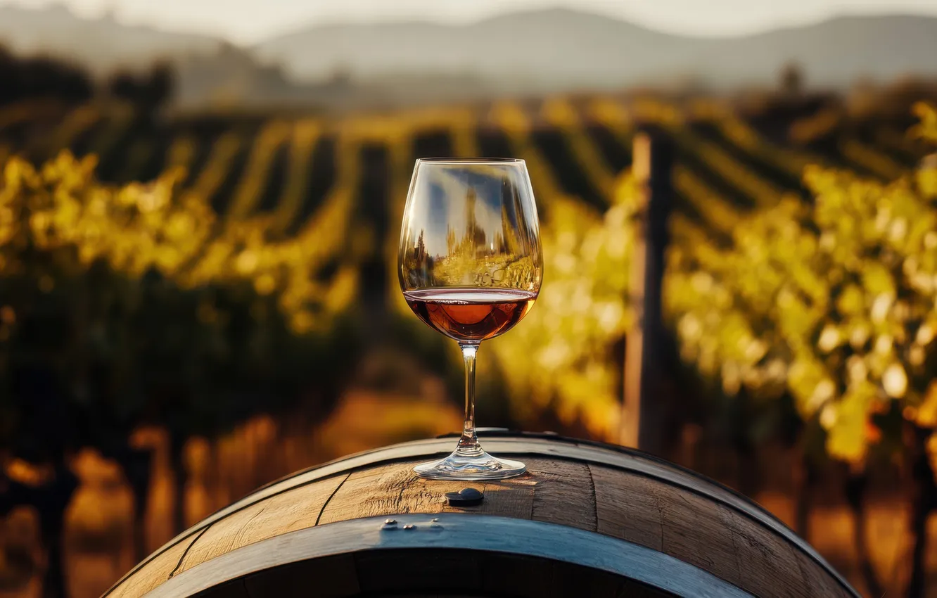 Photo wallpaper nature, wood, wine, food, grape, bottle, barrel, grapevine