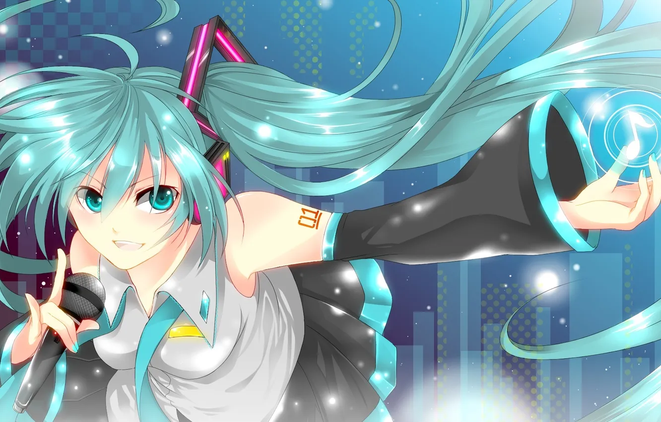 Photo wallpaper girl, notes, art, microphone, vocaloid, hatsune miku, Vocaloid, enrai